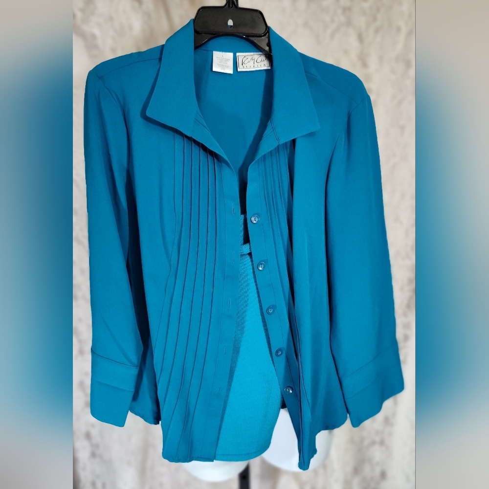 Cathy Che Blue Pleated Button Down Top Nwot